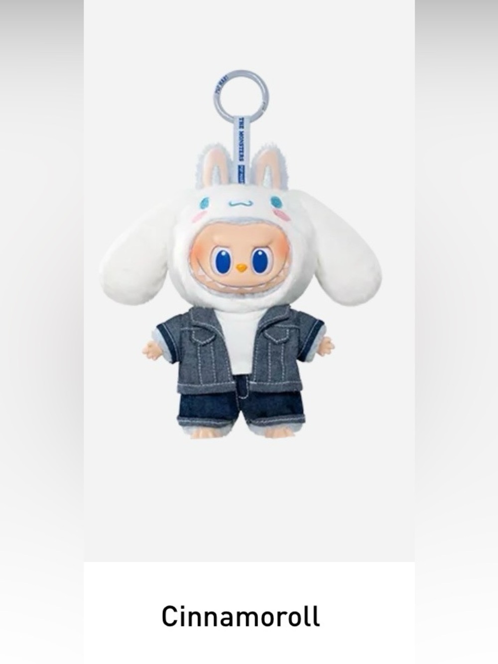 Cinnamoroll Plush Keychain in White with Denim Outfit